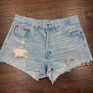 Levis 501 Light Blue Button Fly Distressed Denim Shorts